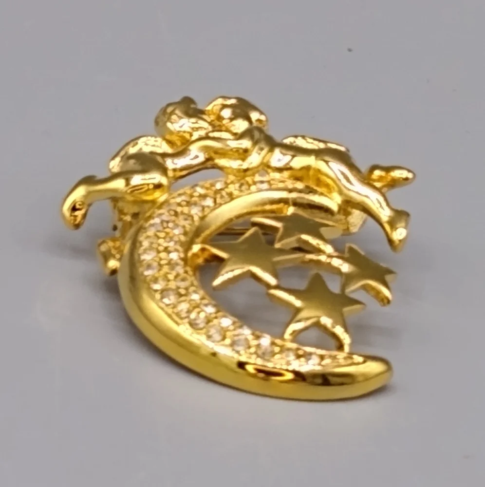 Cherub Crescent Moon Angel Brooch with Rhinestone Stars Valentine's Gift Vintage - Picture 8 of 15